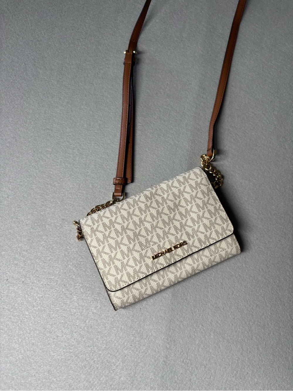 Michael Kors Cream Signature Crossbody with Brown Strap and Gold Hardware